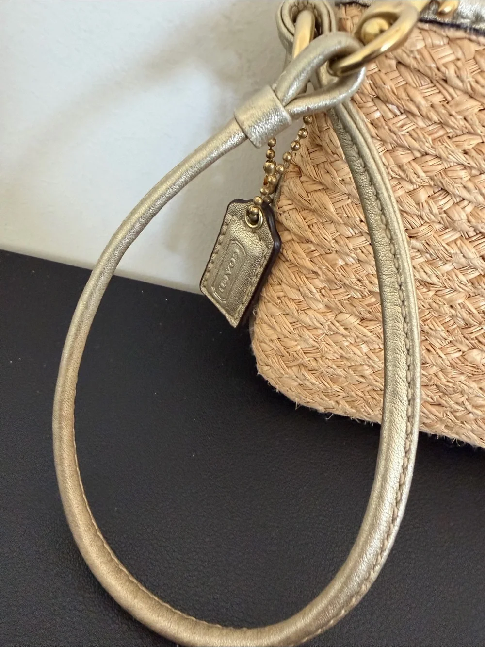 Coach Straw Floral Wristlet Metallic Leather Flower Wrist Strap